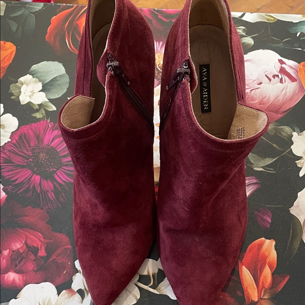 Ava & Aiden Burgundy Suede Pointed Ankle Booties